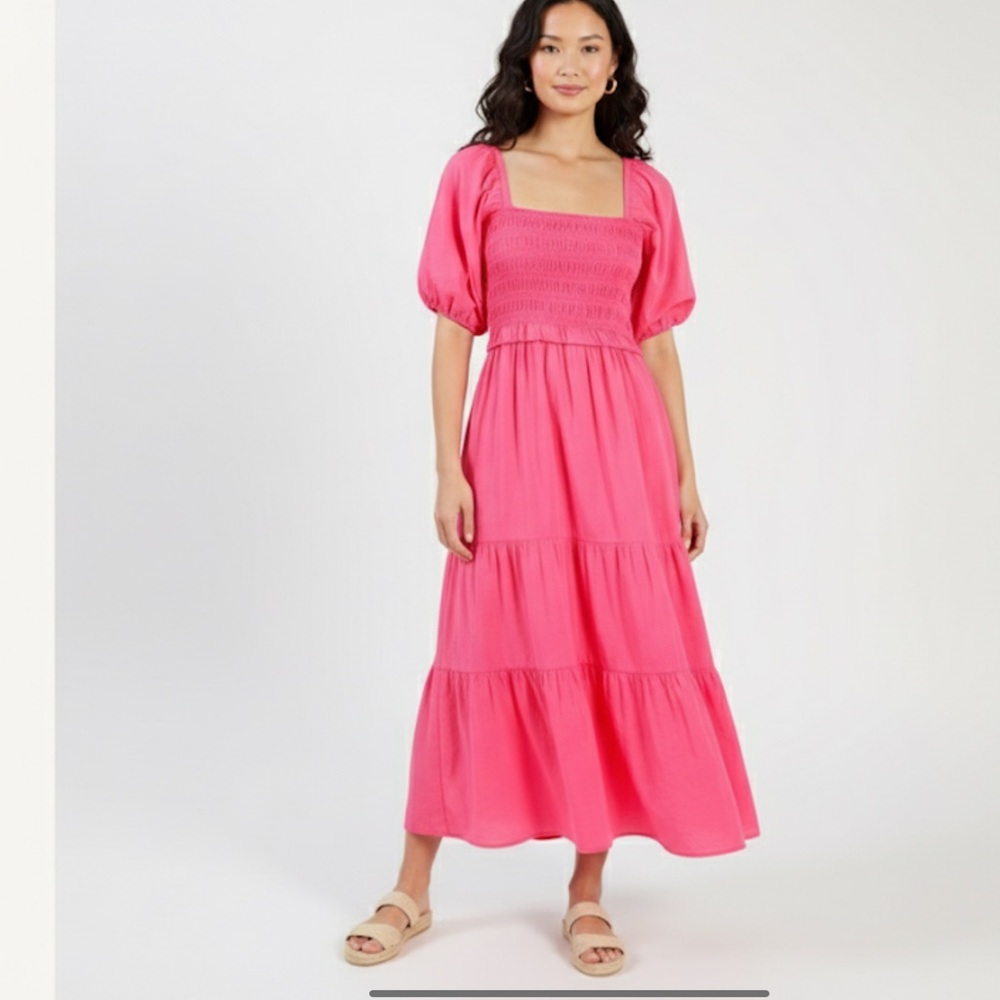 Xirena Smocked Puff Sleeve Tiered Pink Chiara Maxi Dress Small